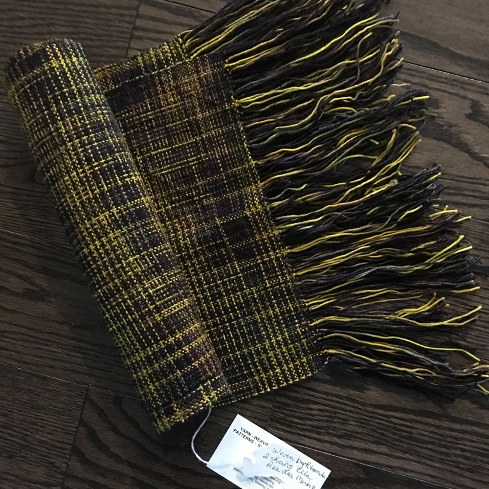 Handmade, fine yarn mustard yellow/purple/br scarf